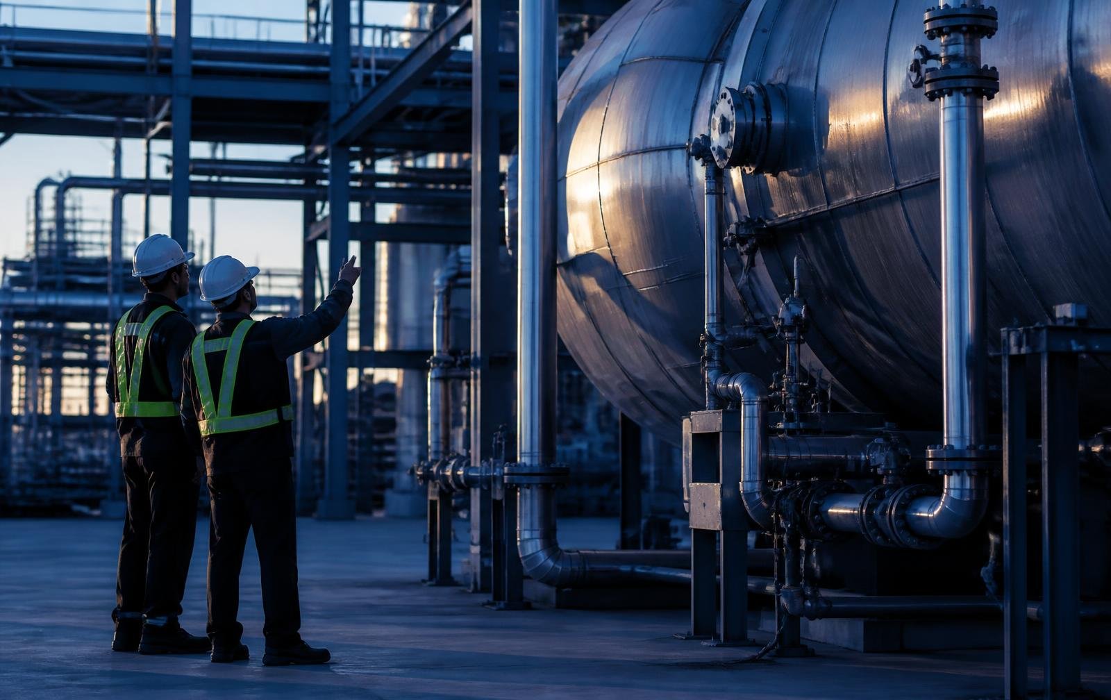 Engineers inspecting a pressure vessel and piping at an industrial plant